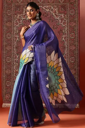 Blue printed cotton blend ethnic saree with blouse piece