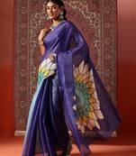 Blue printed cotton blend ethnic saree with blouse piece