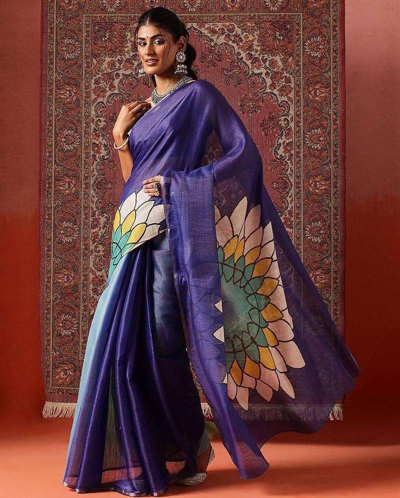 Blue printed cotton blend ethnic saree with blouse piece