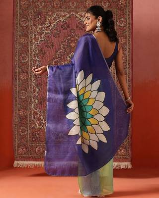 Blue printed cotton blend ethnic saree with blouse piece 2