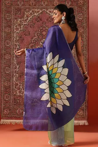 Blue printed cotton blend ethnic saree with blouse piece