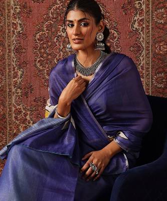 Blue printed cotton blend ethnic saree with blouse piece 3
