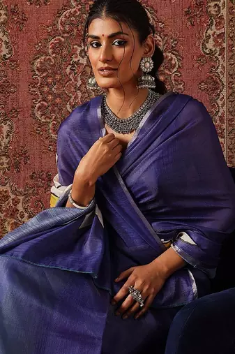 Blue printed cotton blend ethnic saree with blouse piece