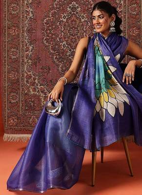 Blue printed cotton blend ethnic saree with blouse piece 4