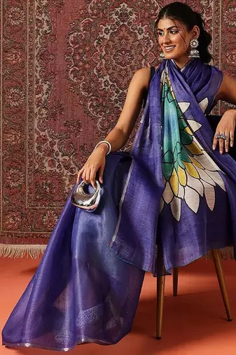 Blue printed cotton blend ethnic saree with blouse piece