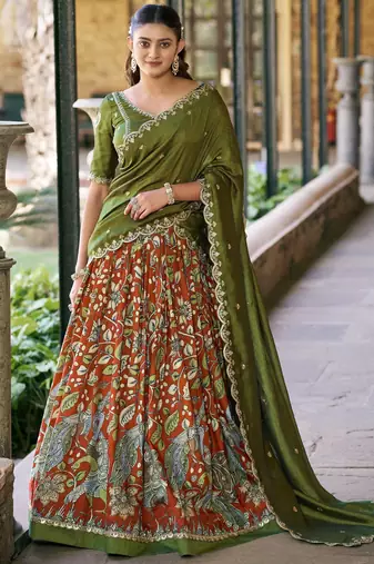 Rich Rust Orange Kalamkari Print Silk Marriage Wear Half Saree Lehenga