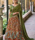 Rich Rust Orange Kalamkari Print Silk Marriage Wear Half Saree Lehenga