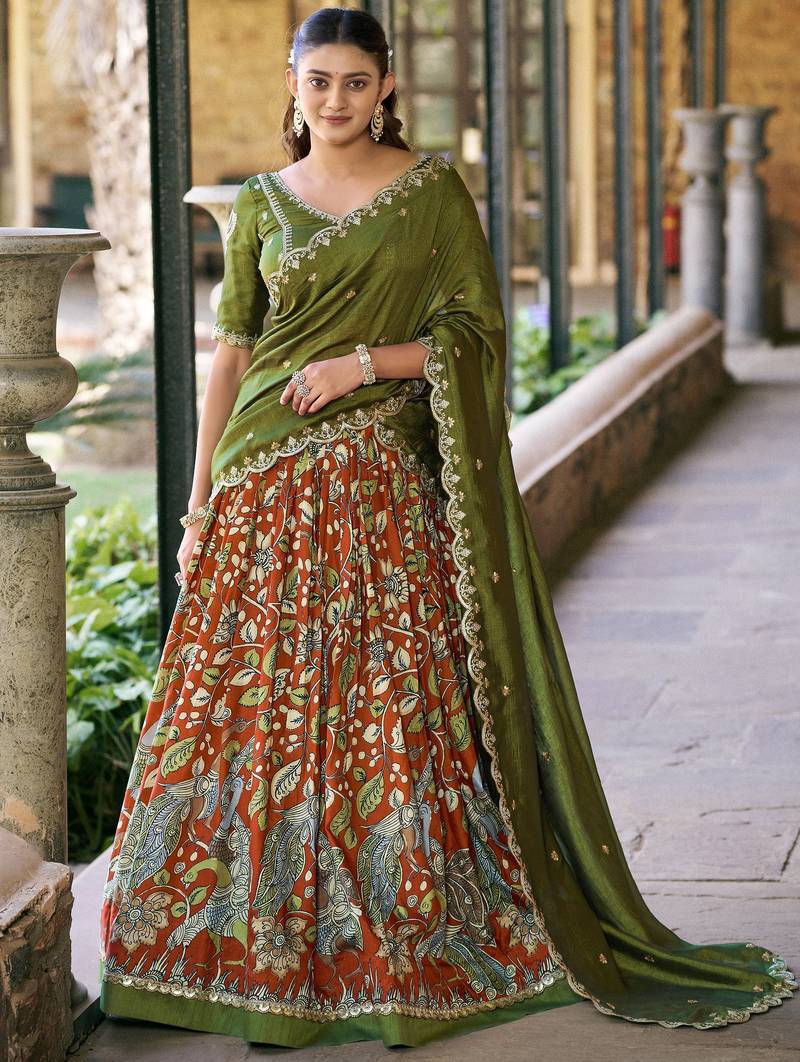 Rich Rust Orange Kalamkari Print Silk Marriage Wear Half Saree Lehenga