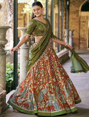 Rich Rust Orange Kalamkari Print Silk Marriage Wear Half Saree Lehenga 2