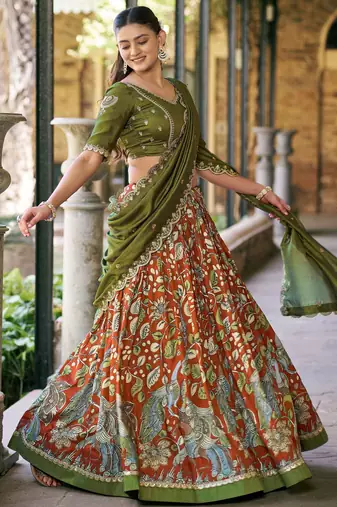Rich Rust Orange Kalamkari Print Silk Marriage Wear Half Saree Lehenga