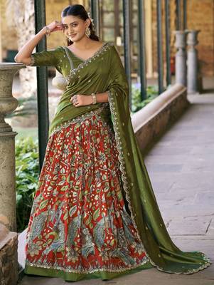 Rich Rust Orange Kalamkari Print Silk Marriage Wear Half Saree Lehenga 3