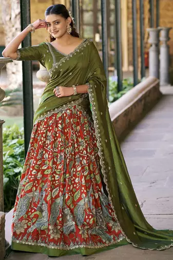 Rich Rust Orange Kalamkari Print Silk Marriage Wear Half Saree Lehenga