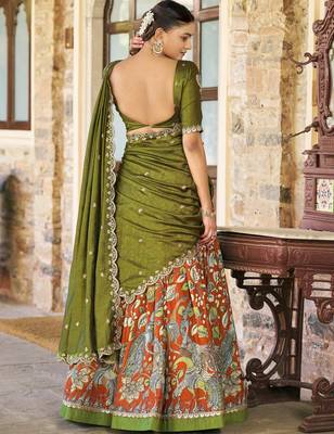 Rich Rust Orange Kalamkari Print Silk Marriage Wear Half Saree Lehenga 4