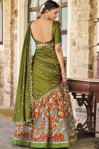 Rich Rust Orange Kalamkari Print Silk Marriage Wear Half Saree Lehenga