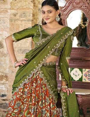 Rich Rust Orange Kalamkari Print Silk Marriage Wear Half Saree Lehenga 5