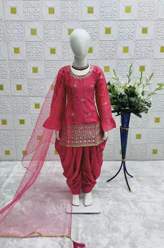Pink heavy chinon silk salwar suit set with digital print work with embroidered sequence work