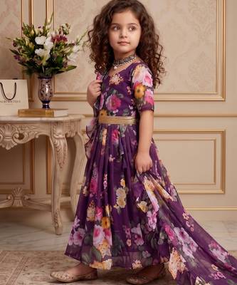 wine heavy faux georgette  gown set with digital print work - designer party wear 3