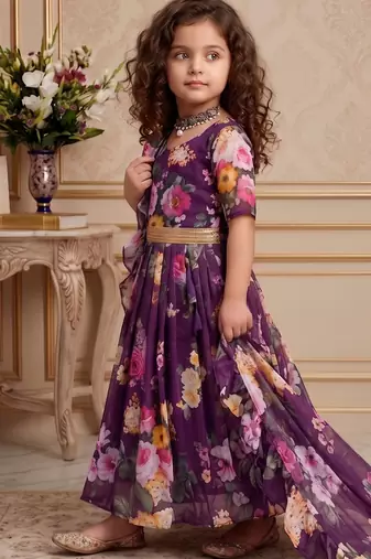 wine heavy faux georgette  gown set with digital print work - designer party wear