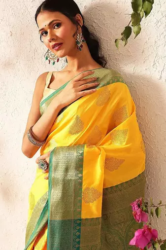 Yellow woven silk blend ethnic saree with blouse piece