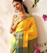Yellow woven silk blend ethnic saree with blouse piece