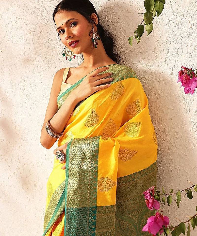Yellow woven silk blend ethnic saree with blouse piece