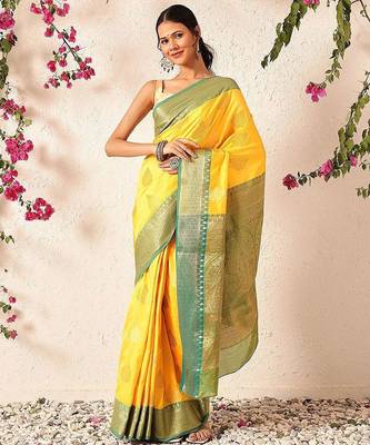 Yellow woven silk blend ethnic saree with blouse piece 2