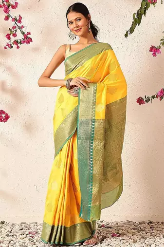 Yellow woven silk blend ethnic saree with blouse piece