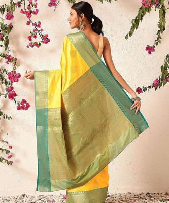 Yellow woven silk blend ethnic saree with blouse piece 3