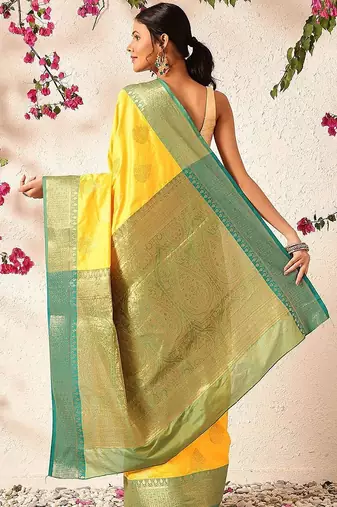 Yellow woven silk blend ethnic saree with blouse piece