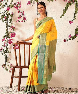 Yellow woven silk blend ethnic saree with blouse piece 4