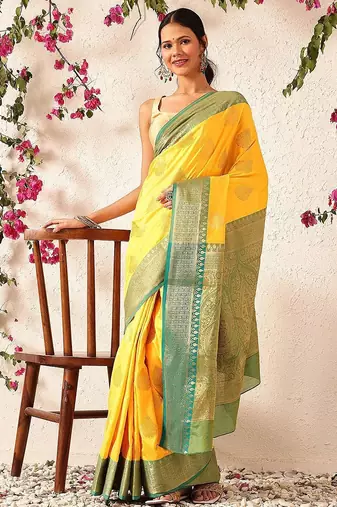 Yellow woven silk blend ethnic saree with blouse piece