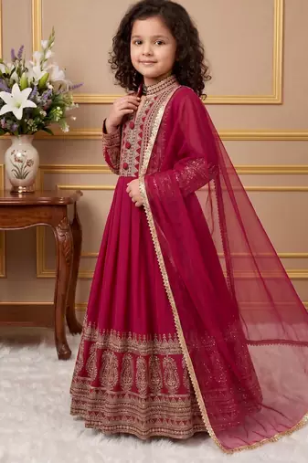 Dark pink heavy fox georgette gown set with embroidery sequence work - designer party wear
