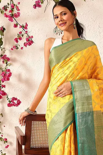 Yellow woven silk blend ethnic saree with blouse piece