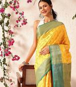 Yellow woven silk blend ethnic saree with blouse piece