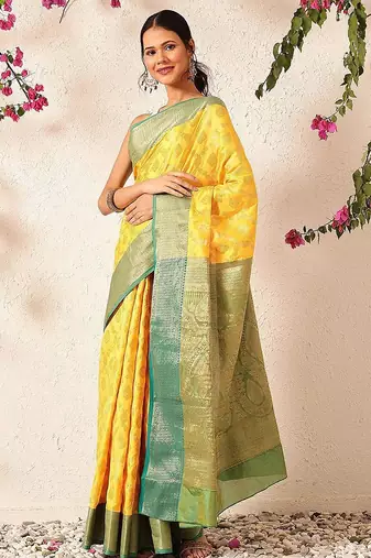 Yellow woven silk blend ethnic saree with blouse piece