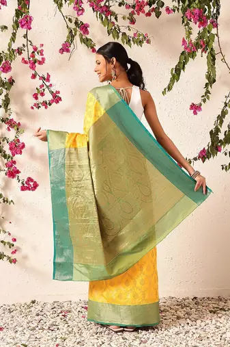 Yellow woven silk blend ethnic saree with blouse piece