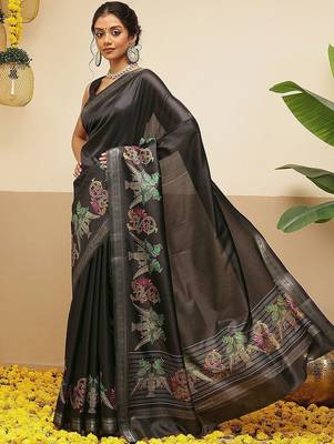 Black printed art silk ethnic saree with blouse piece 1
