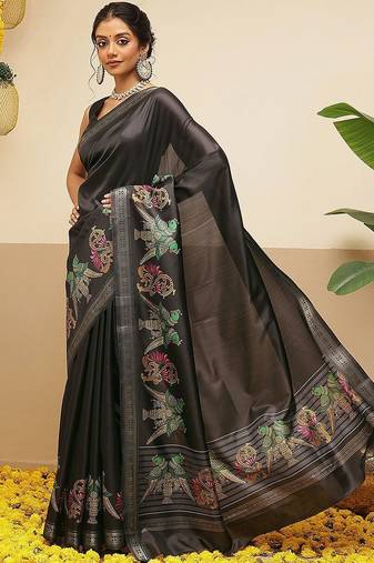 Black printed art silk ethnic saree with blouse piece