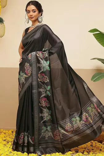 Black printed art silk ethnic saree with blouse piece