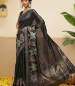 Black printed art silk ethnic saree with blouse piece