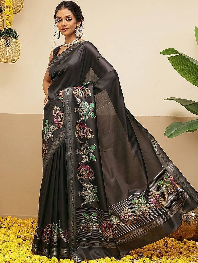 Black printed art silk ethnic saree with blouse piece