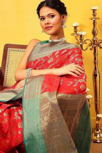Red woven silk blend ethnic saree with blouse piece