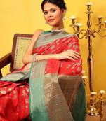 Red woven silk blend ethnic saree with blouse piece
