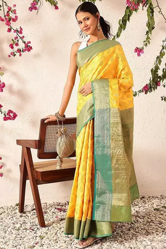 Yellow woven silk blend ethnic saree with blouse piece