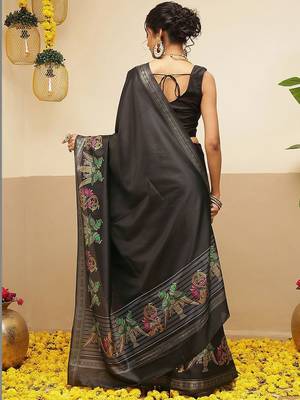 Black printed art silk ethnic saree with blouse piece 2