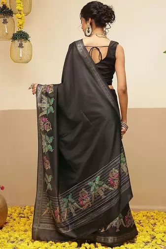 Black printed art silk ethnic saree with blouse piece