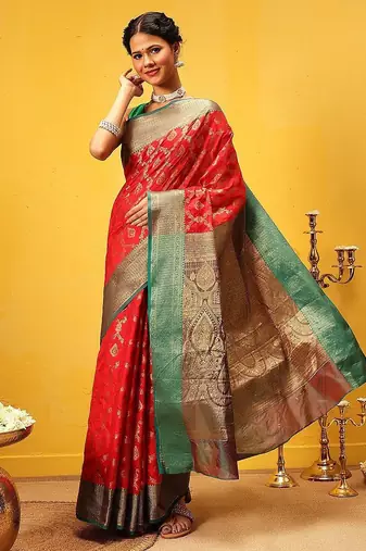 Red woven silk blend ethnic saree with blouse piece