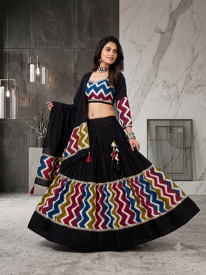 Black Navratri Lehenga Choli Set with Multicolor Zig Zag Print & Heavy Dupatta 1
