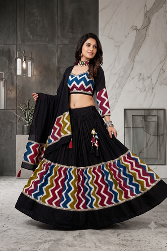 Black Navratri Lehenga Choli Set with Multicolor Zig Zag Print & Heavy Dupatta