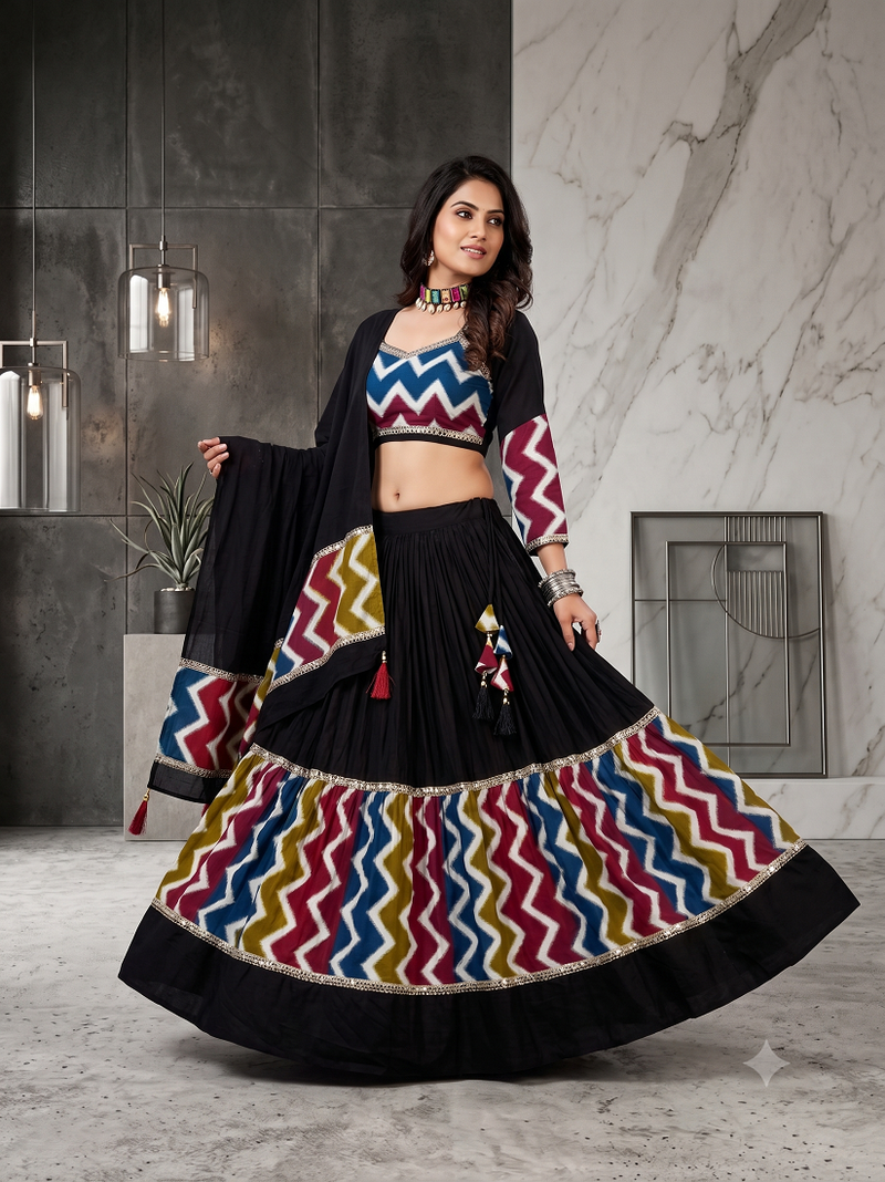 Black Navratri Lehenga Choli Set with Multicolor Zig Zag Print & Heavy Dupatta